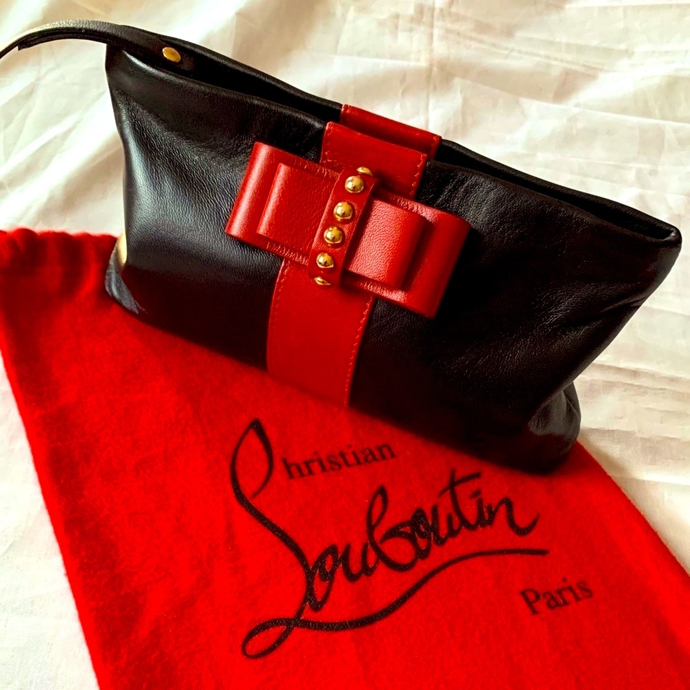 Christian Louboutin Black Leather Clutch with Red Bow Detail